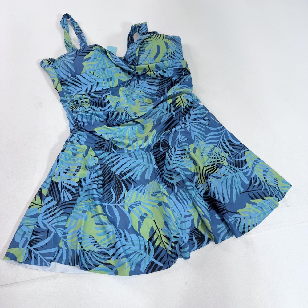 Aqua Eve Swimdress‎ Womens XL Blue Tropical One Piece Built In Bra Brief NWT